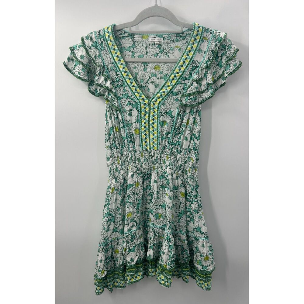 Poupette St. Barth Women's Green Camila Short Sleeve Floral Mini Dress Size S